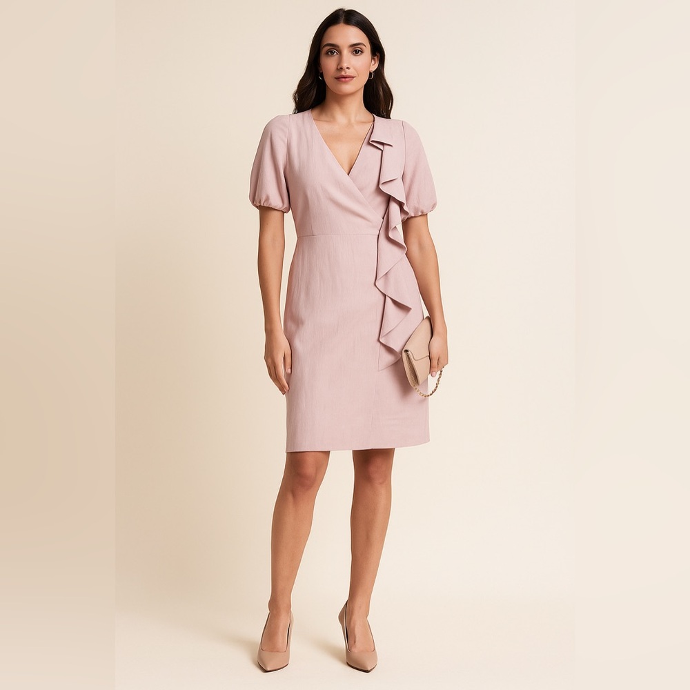 French Connection Ruffle Dress Short Sleeve Puff Shoulder Skimming Stone 10 NWT
